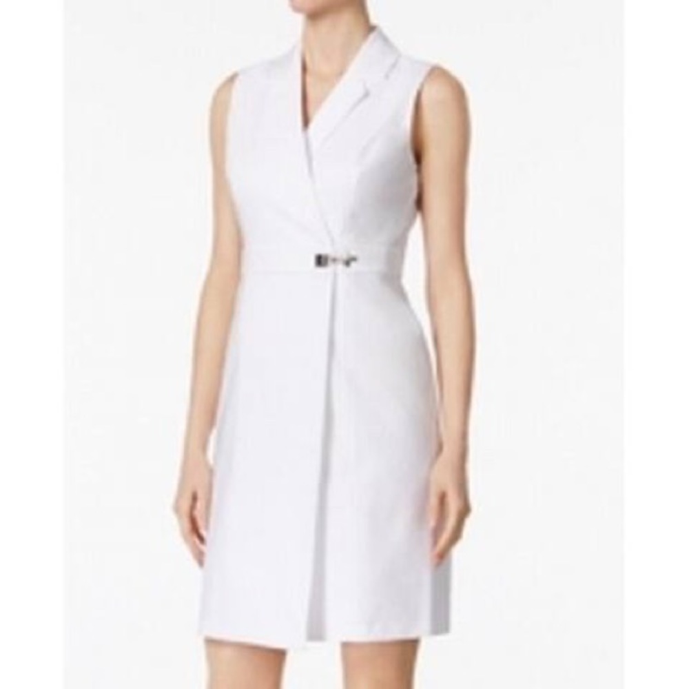 Calvin Klein White Faux-Wrap Buckled Shirt Dress
